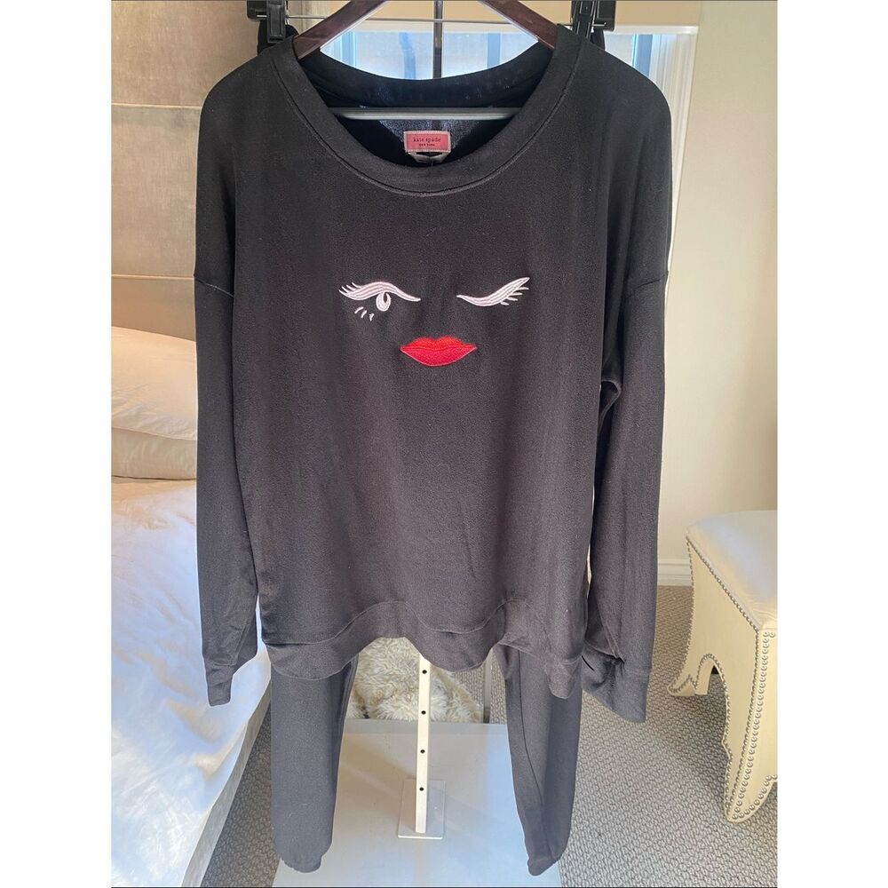kate spade Black Sweatshirt with Embroidered Wink Face and Red Lips and pant.